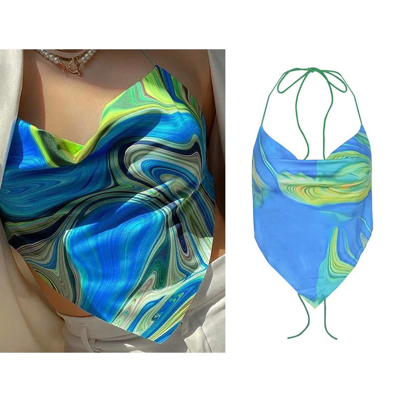 deanwangkt Y2K Bandana Print Halter Tops Women Summer Sleeveless Crop Tops Harajuku Aesthetics Corset Tops Sexy Backless Bandage Camisoles - Deanwangkt