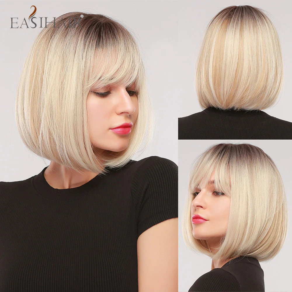 deanwangkt  Short Straight Bob Wigs With Bang Golden Brown Natural Synthetic Hair For Women Daily Cosplay Heat Resistant Fiber Wigs - Deanwangkt