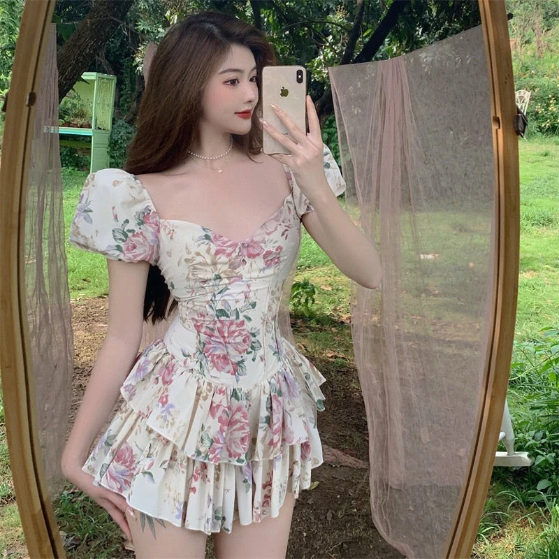 deanwangkt  Summer French Romantic Floral Mini Romper Square Collar Flowers Printed Chiffon Tiered Playsuit Cute Kawaii Feminine Romper  Fairy Dress - Deanwangkt