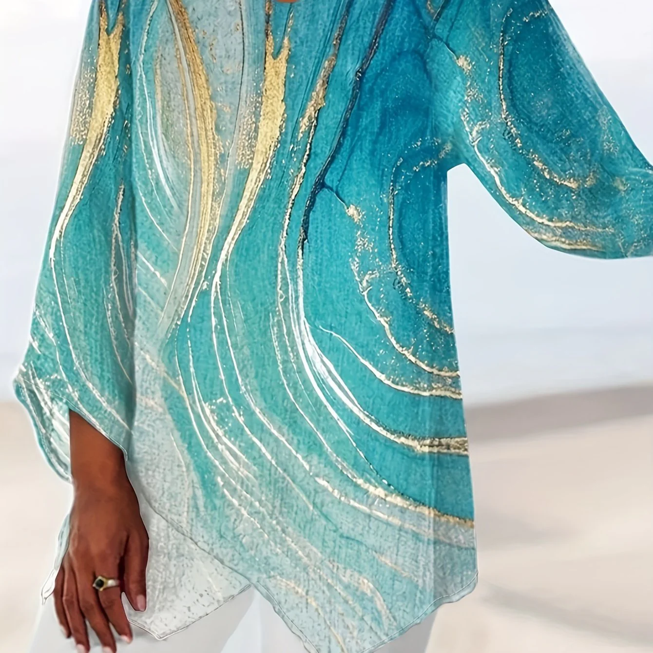 Plus Size Fluid Print Long Sleeve Layered T-shirt, Women's Plus Slight Stretch V Neck Loose Elegant Top - Deanwangkt