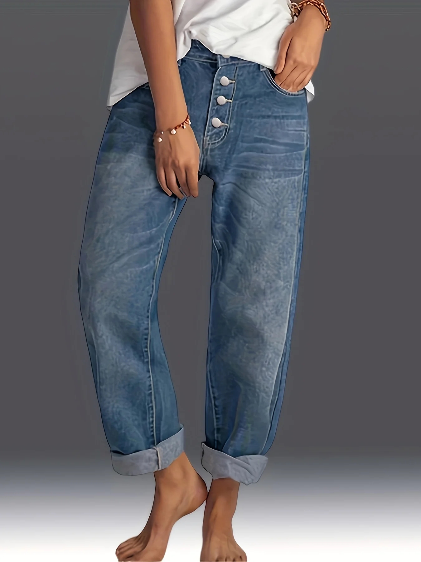 Single Breasted Button Straight Jeans, Slant Pockets Loose Fit Casual Denim Pants, Women's Denim Jeans & Clothing - Deanwangkt