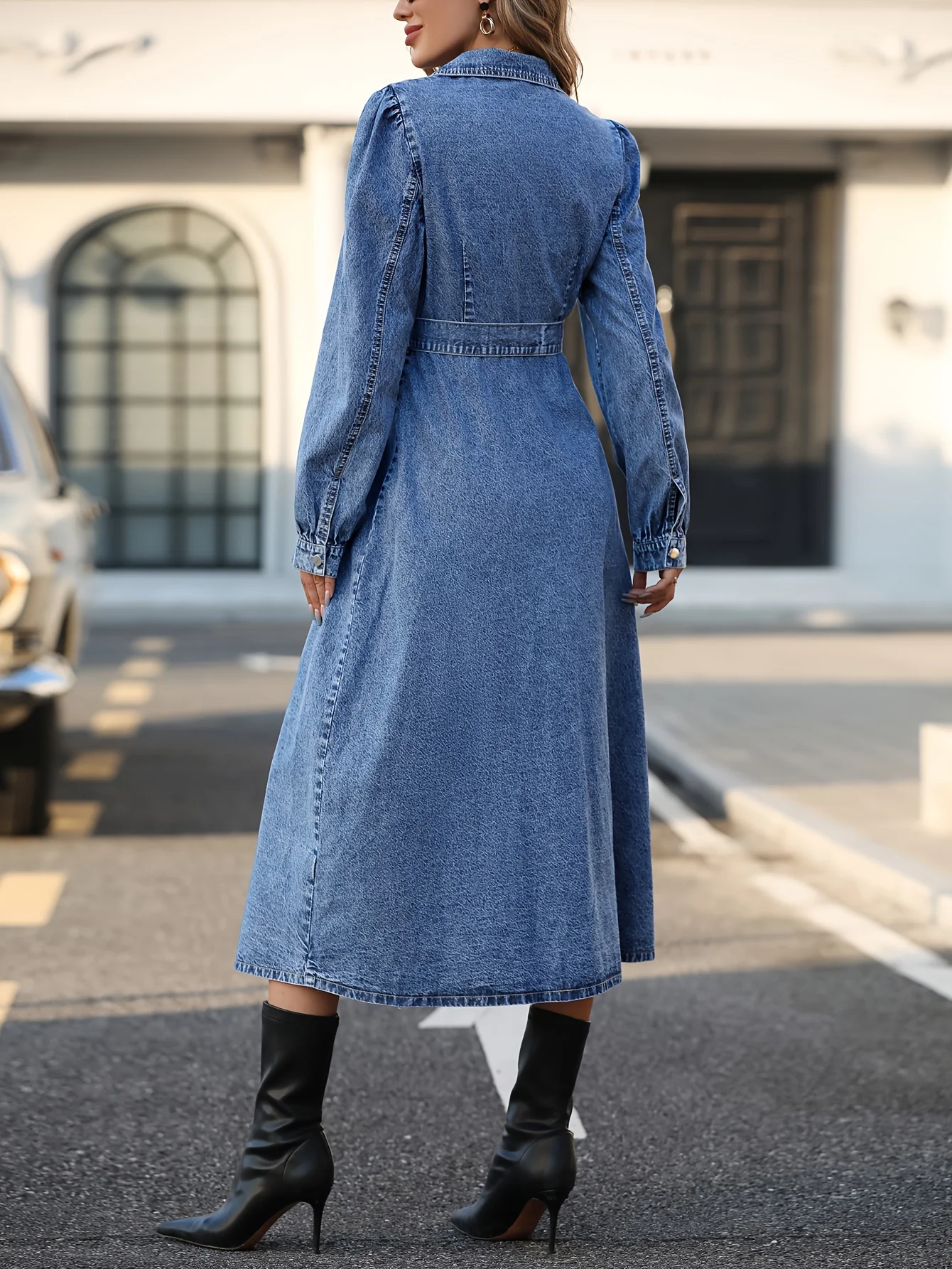 deanwangkt Blue Long Sleeves Denim Dress, Single Breasted Button With Waistband Lapel Denim Dress, Women's Denim Clothing - Deanwangkt
