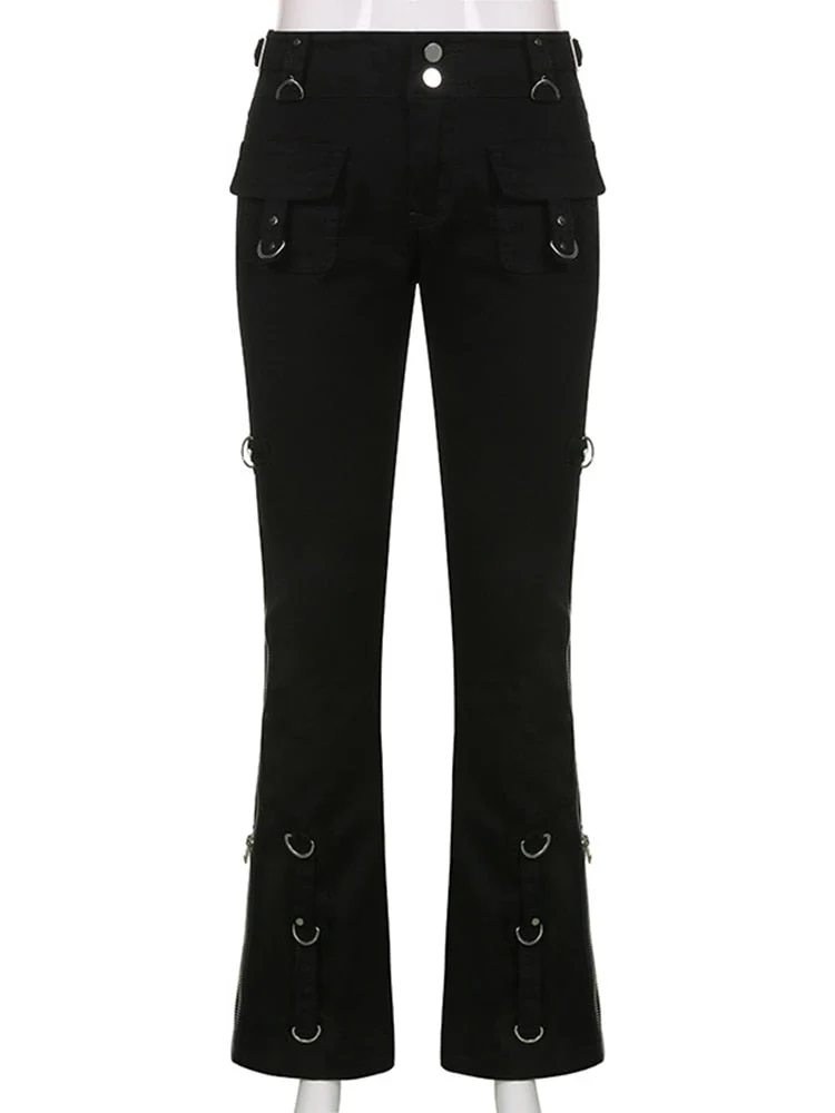 deanwangkt Emo Dark Cyber Y2k Pants Hippie Cargo Bodycon Gothic Punk Alt Baggy Jeans Rivets Black Women Goth Hip Hop Kpop Academia Pants - Deanwangkt