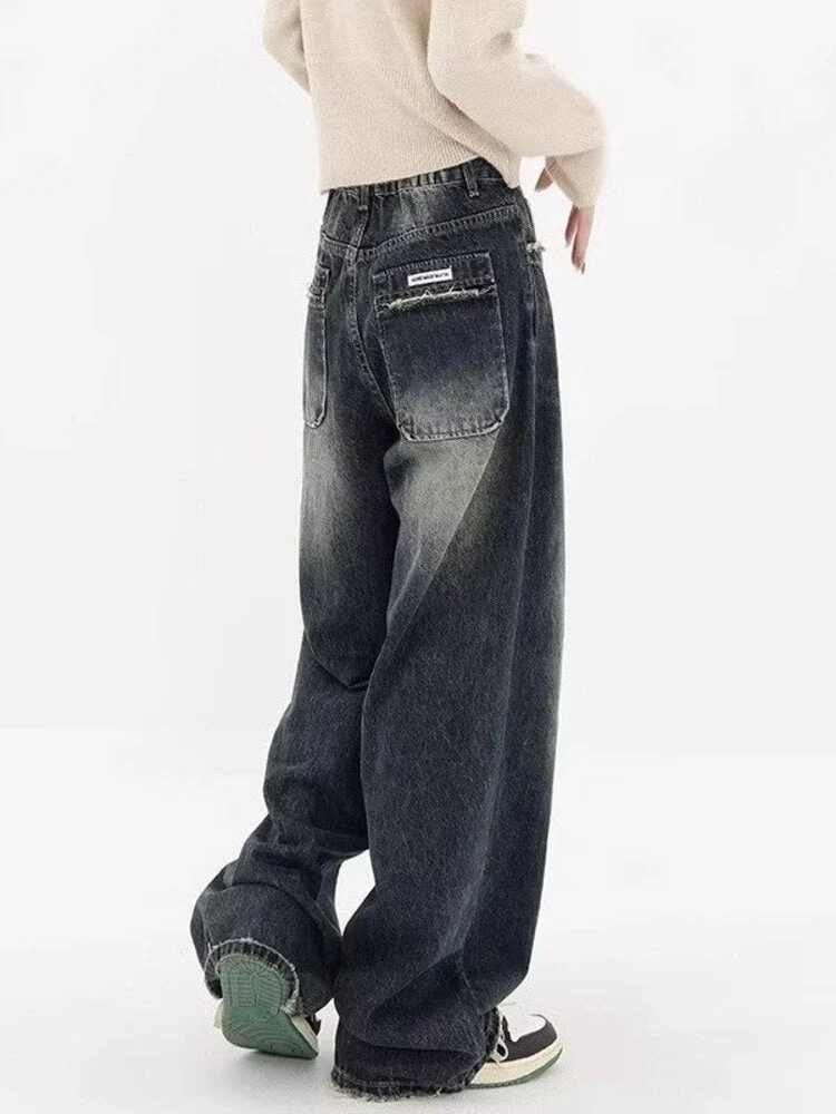 deanwangkt High Waisted Wide Leg Jeans Show A Slim Pear Shaped Figure, Wear Trendy And Stylish Ruffled Street Mop Pants For Women's Jeans - Deanwangkt