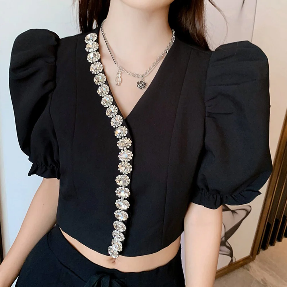 deanwangkt Elegant Black Shirt For Women V Neck Puff Sleeve Patchwork Diamonds Blouses Female Summer Clothing Style Fashion - Deanwangkt