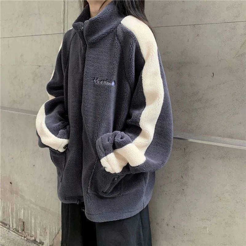deanwangkt Oversize Women Hoodie Korean Fashion Autumn Winter Warm Harajuku Lamb Wool Zipper Hoodies Casual Thick Sweatshirt Loose - Deanwangkt