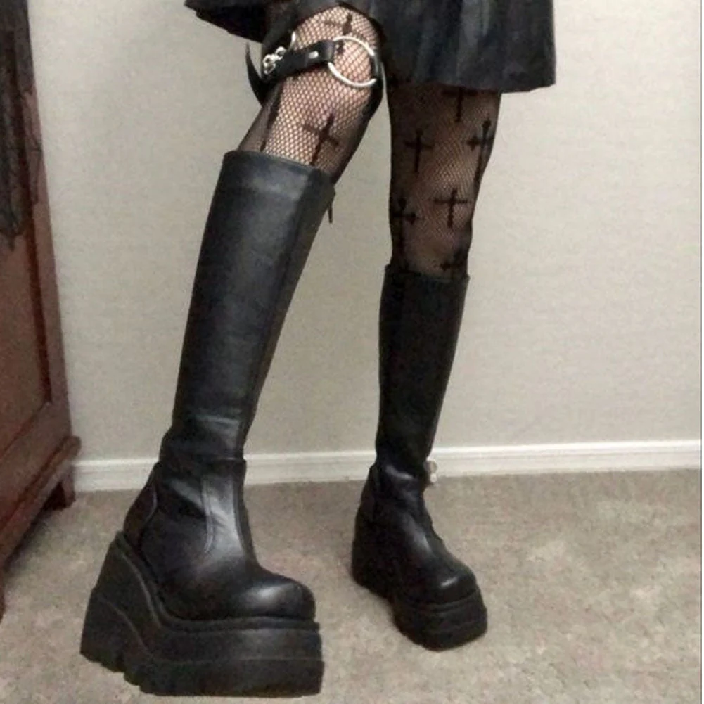 DEANWANGKT  Band Goth Platform Wedges Punk Chunky Mid Calf Boots Women Thick Heel Autumn Trendy Cosplay Casual Shoes Women - Deanwangkt