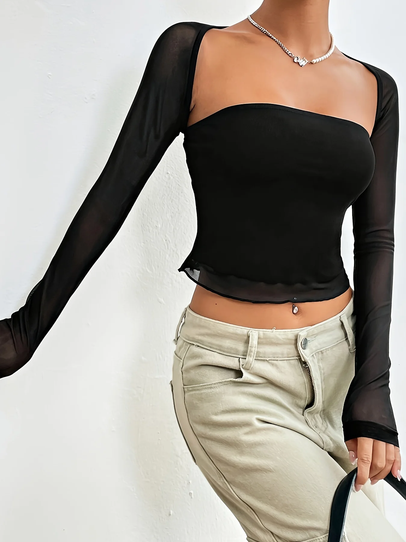 Solid Two-piece Top Set, Mesh Crop Open Front Outwear & Crop Lettuce Trim Tube Top Outfits, Women's Clothing - Deanwangkt