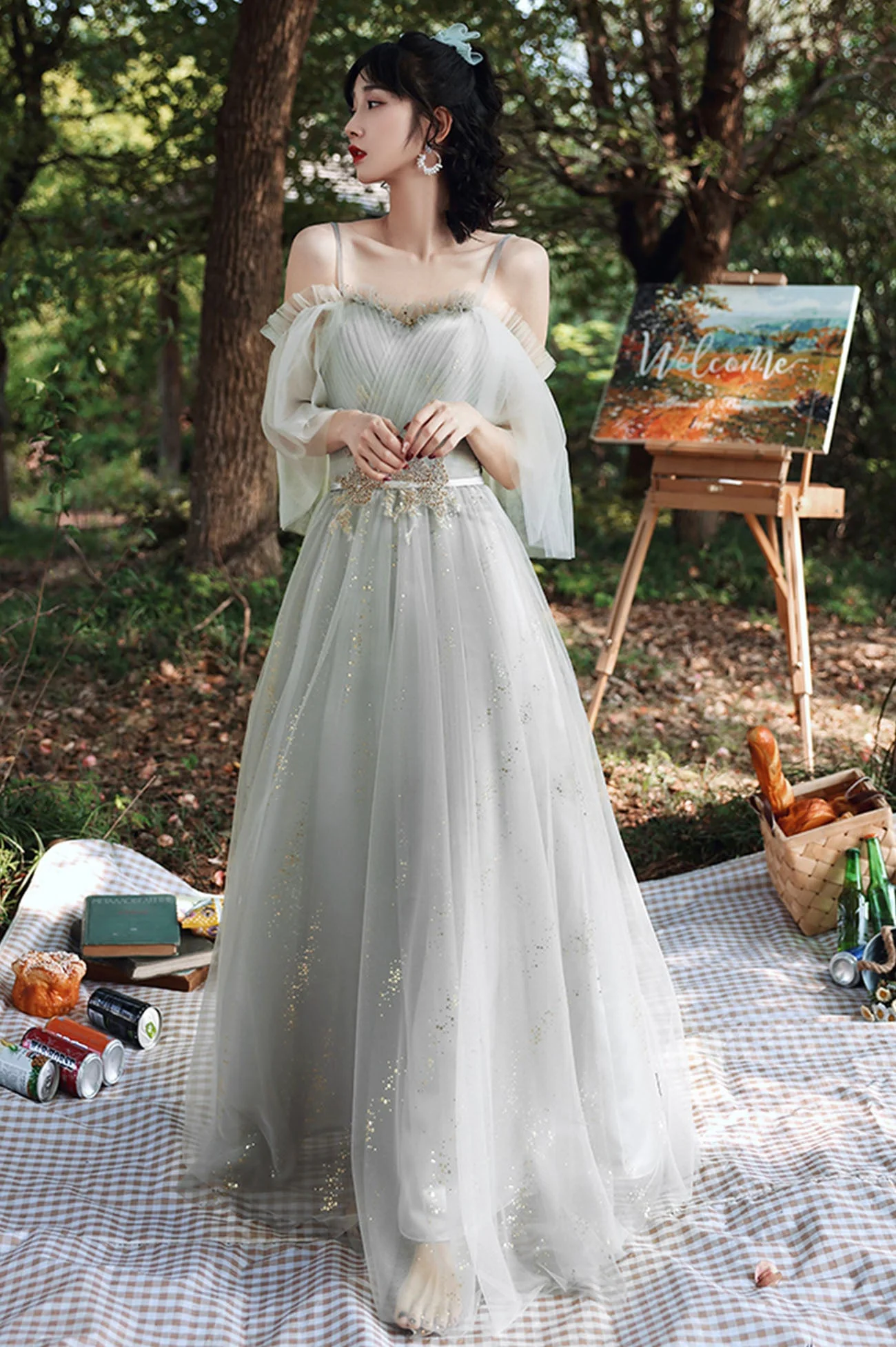 solvbao Gray Tulle Lace Long A-Line Prom Dresses, Gray Tulle Bridesmaid Dresses - Deanwangkt