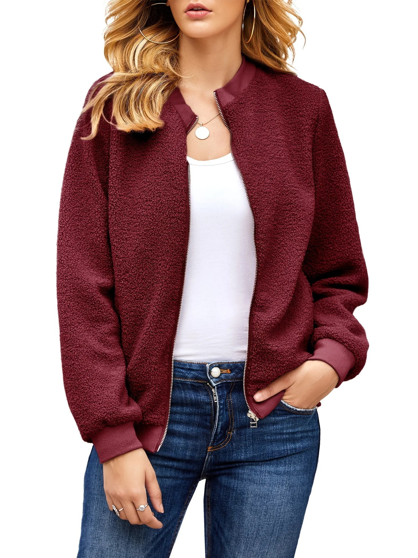 deanwangkt-1  Zip Up Fuzzy Jacket, Casual Long Sleeve Solid Versatile Outerwear, Women's Clothing - Deanwangkt