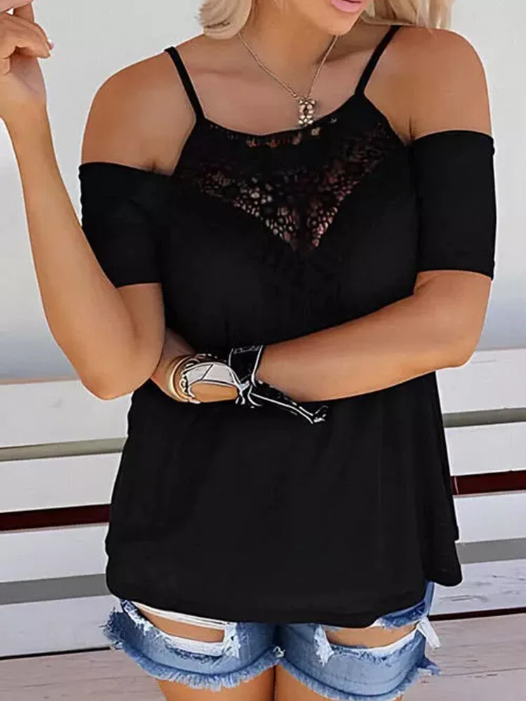 deanwangkt Short Sleeve T-Shirts Lace Splicing Cold Shoulder Blouse Patchwork Solid Color Tops Camisetas Y2k Clothes Tank Top - Deanwangkt