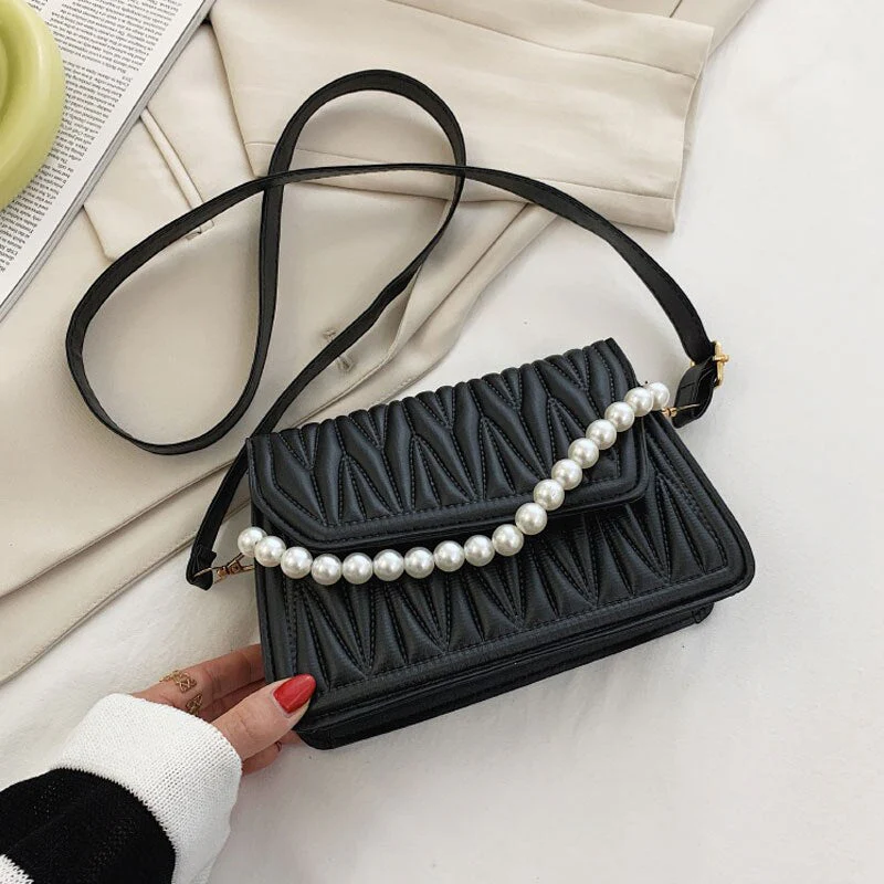 deanwangkt BACK TO COLLEGE    Pearl Chain Strap Handbags For Women Designer Pu Leather Shoulder Bag Plaid Simple Female Crossbody Bag Small Square Bag - Deanwangkt