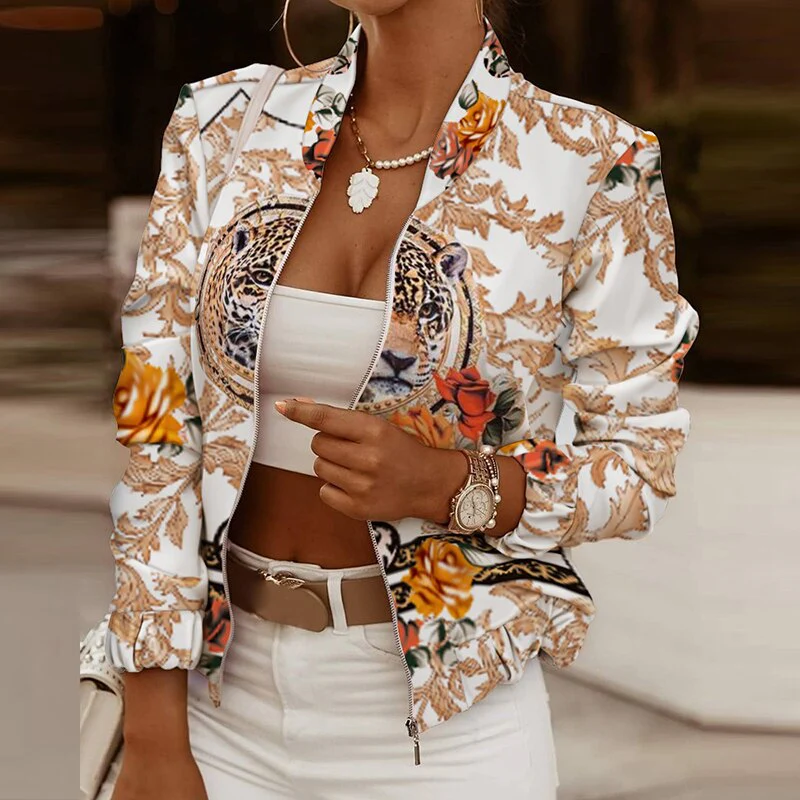 deanwangkt New Short Jacket Women Long Sleeve Coats Female Elegant Spring Autumn Zipper Outwear Office Ladies Print Casual Jackets - Deanwangkt