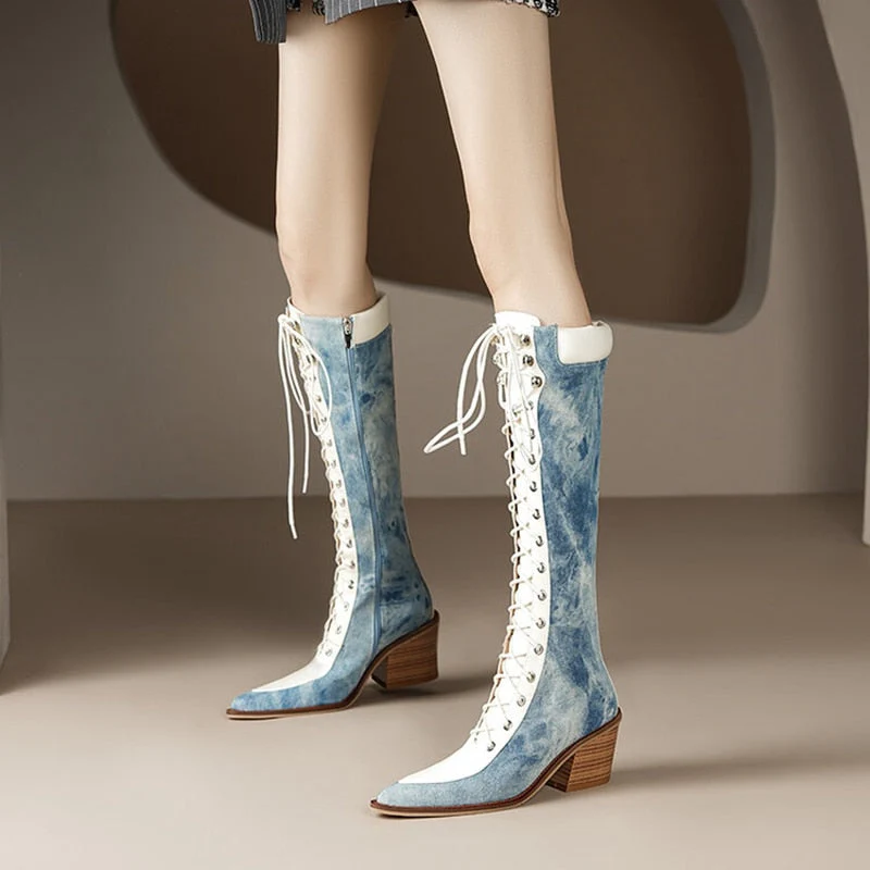 deanwangkt  Autumn Shoes   Autumn Boots Women Jean Shoes for Women Pointed Toe Chunky Heel Western Boots Knee-High Boots Denim Boots казаки женские обувь - Deanwangkt
