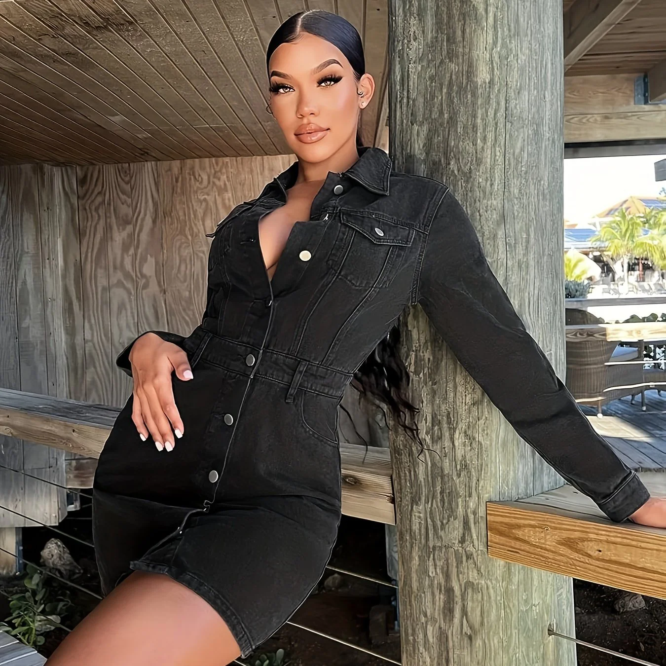 Black Washed Lapel Denim Dress, Single Breasted Button Flap Pockets Fashion Denim Dress, Women's Denim Clothing - Deanwangkt