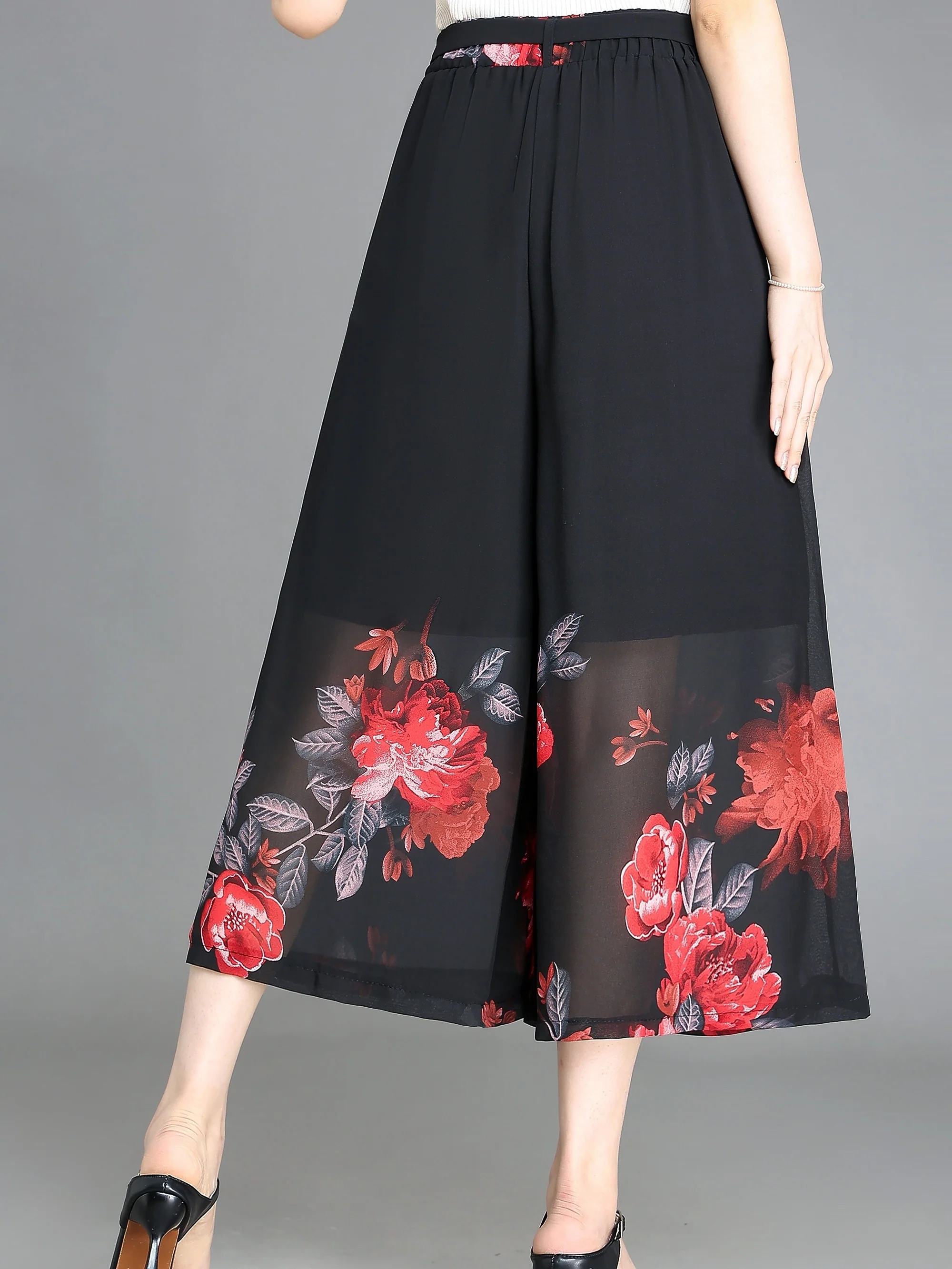 Floral Pattern Chiffon Cropped Wide Leg Pants, Casual Belted Pants For Spring & Summer, Women's Clothing - Deanwangkt