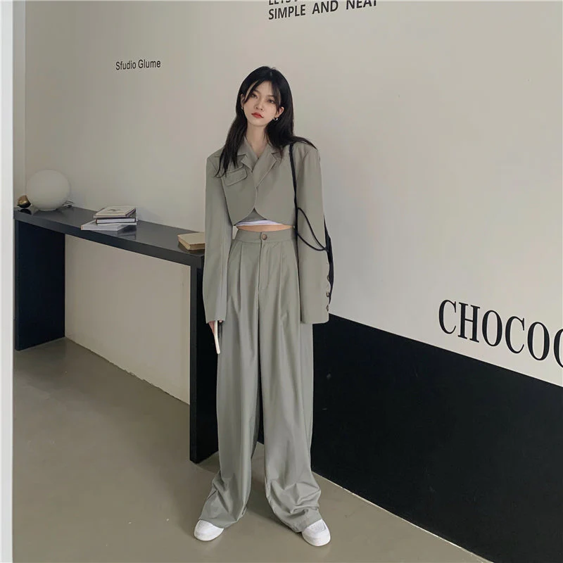 Korean summer Two Piece Set Women Crop Top Sexy Lace-up Blazer Coat + High Waist Pants Suit Sets Streetwear 2 Piece Sets Women - Deanwangkt