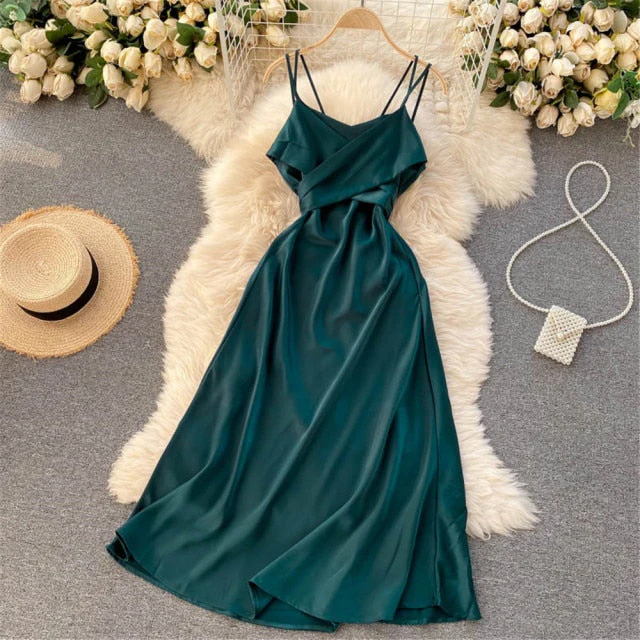 Women Sexy Satin Evening Dress Summer Off Shoulder High Waist Party Long Dresses Female Elegant Beach Robe Vestidos - Deanwangkt