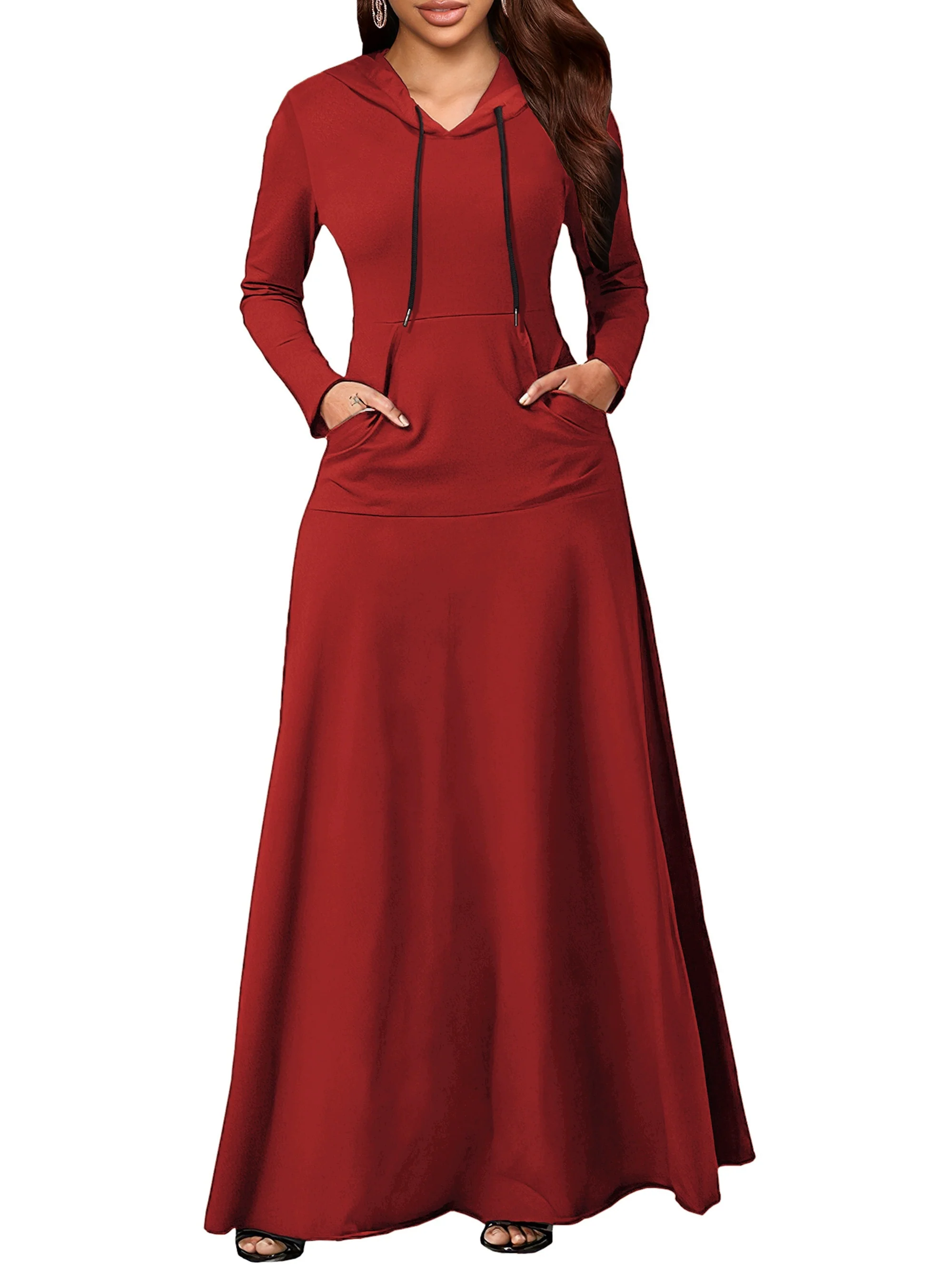 deanwangkt-1  Pocket Front Drawstring Hooded Dress, Casual Solid Long Sleeve Maxi Dress, Women's Clothing - Deanwangkt