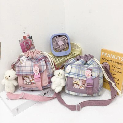 deanwangkt New Summer Bucket Bag Women Plaid Nylon Bag Girls Small Crossbody Bags Handbag Mobile Phone Bag Drawstring Shoulder Bag Bolsos - Deanwangkt