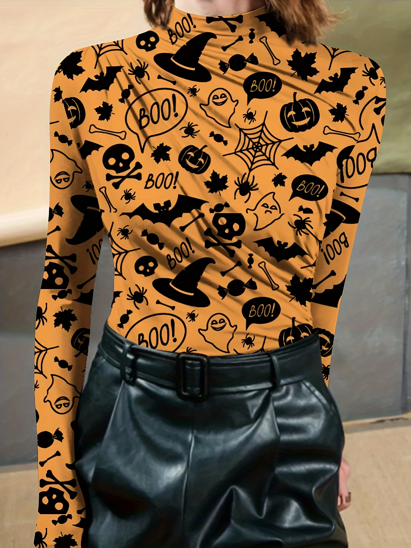 deanwangkt-1 Halloween Graphic Print Mock Neck T-Shirt, Casual Ruched Long Sleeve Top For Spring & Fall, Women's Clothing - Deanwangkt