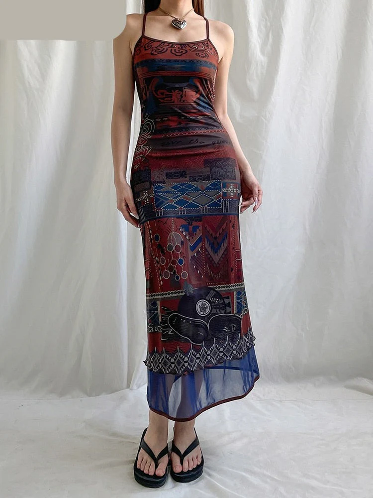 deanwangkt Beach Style Vintage Printed Bandage Mesh Dress Holiday Slim Backless Slash Neck Sleeveless Maxi Drresses For Women - Deanwangkt