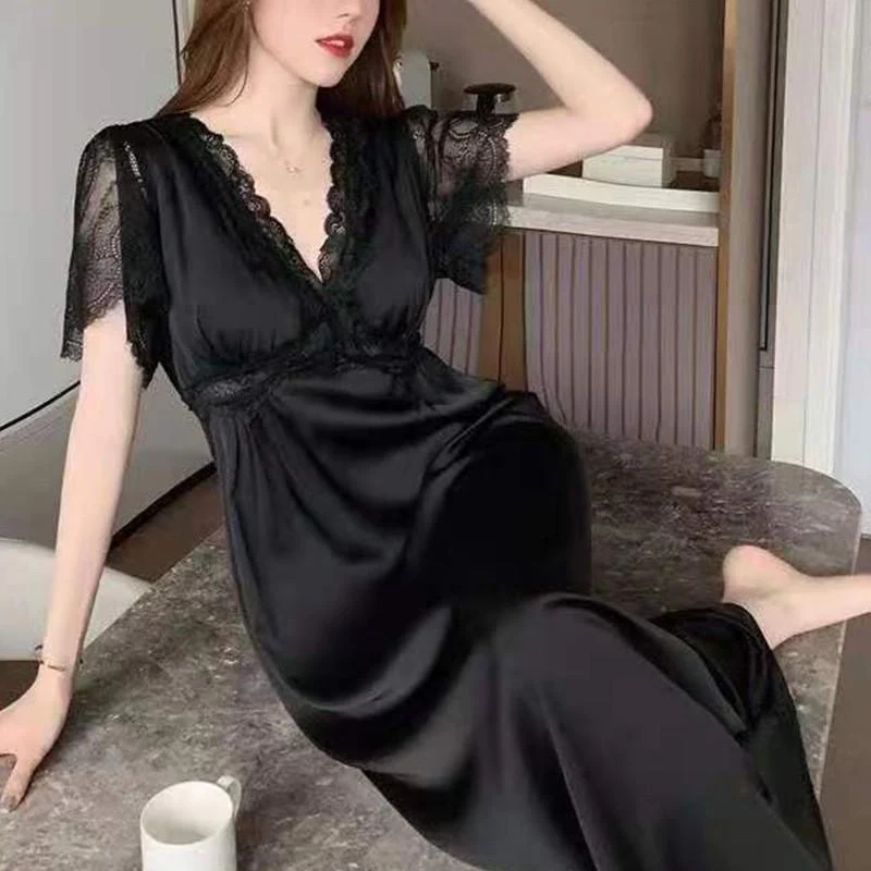Female Nightgown Elegant Palace Style Princess Long Nightgown Sleepwear Summer Short Sleeve Sleepshirt Satin Silk Home Dress - Deanwangkt