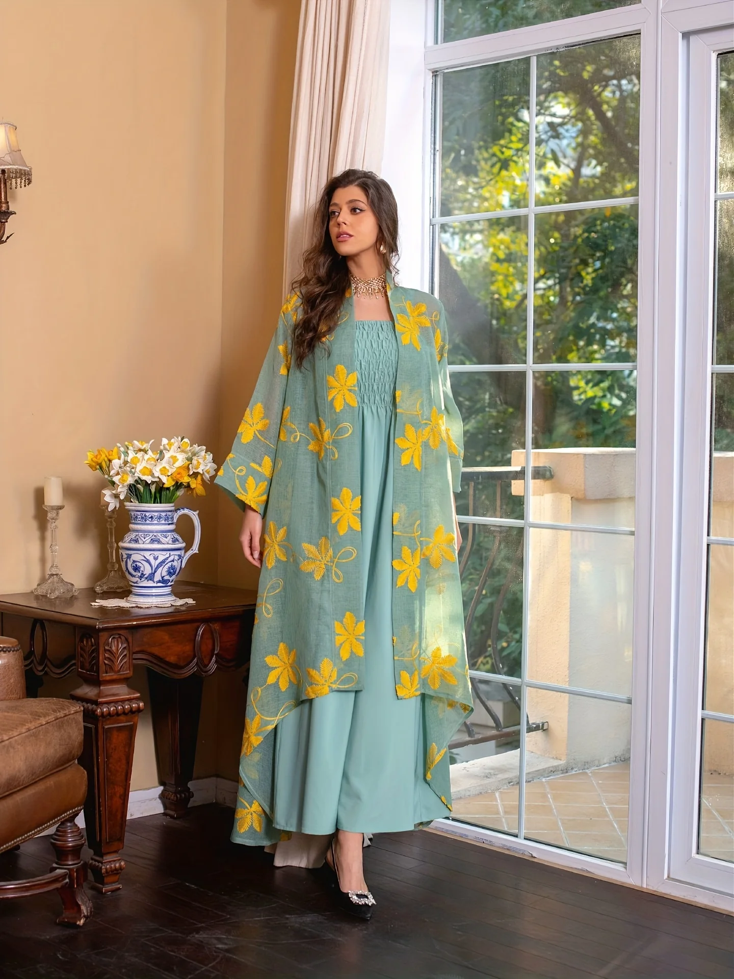 deanwangkt-1  Leaf Print Two-piece Dress Set, Shirred Tank Ankle Dress & Long Sleeve Irregular Hem Mesh Cardigan Outfits, Women's Clothing - Deanwangkt