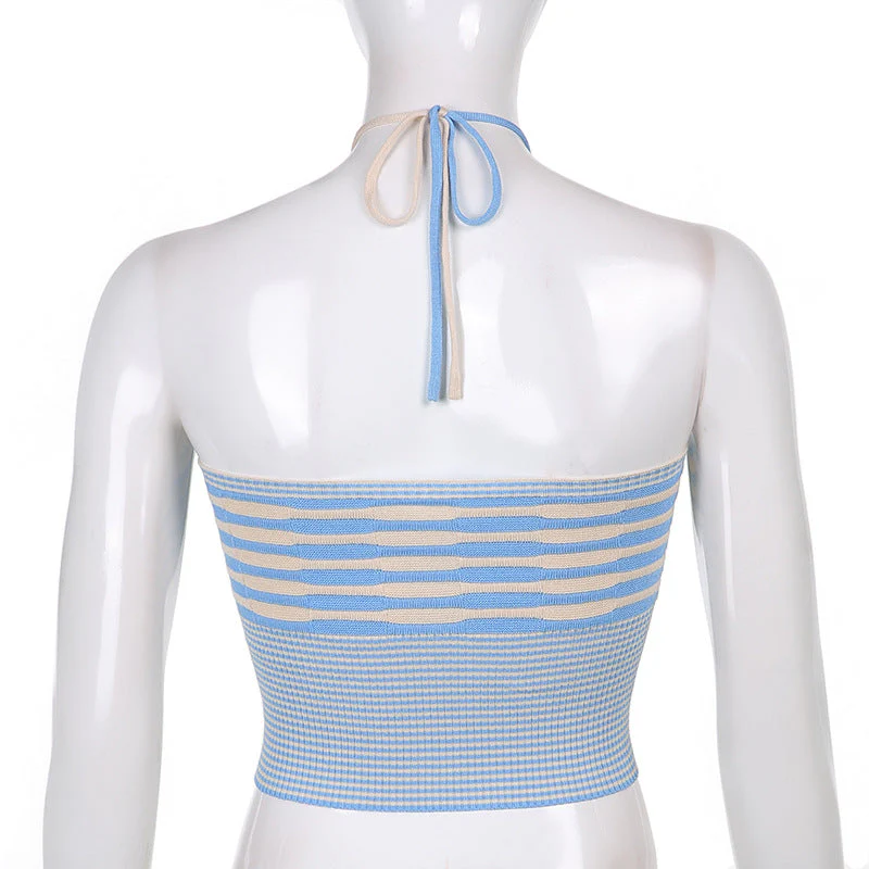 deanwangkt Forefair Halter Neck Knit Sexy Crop Top Women Bandage Backless Summer Off Shoulder Sleeveless Blue Top Tanks Casual - Deanwangkt