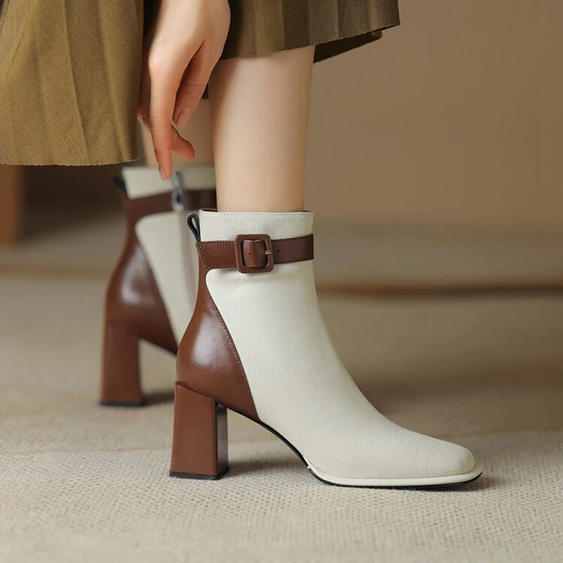 deanwangkt Autumn Shoes    Autumn Boots Women Square Toe Women Boots Split Leather Shoes for Women Mixed Colors Belt Buckle Boots Winter High Heel Boots - Deanwangkt