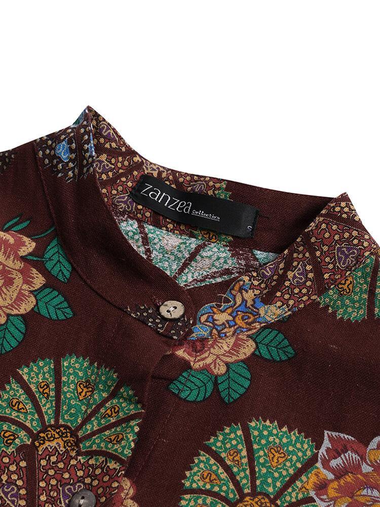 deanwangkt Women Retro Floral Print O-neck Button Robe Shirt Maxi Dress With Pocket - Deanwangkt