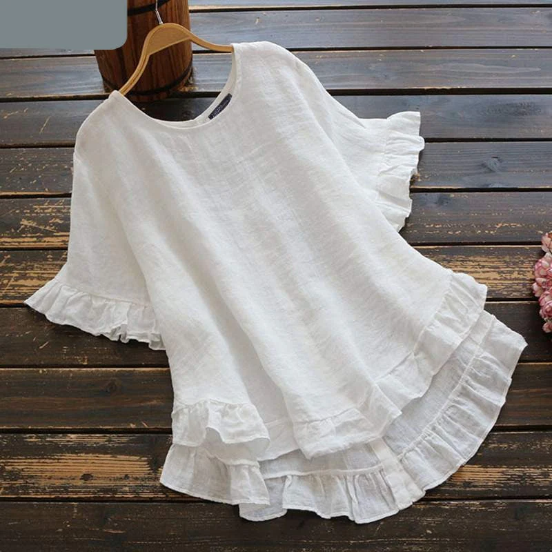 Fashion Ruffle Shirts Women's Cotton Blouse Causal Short Sleeve Solid Female Asymmetrical Tunic  Blusas - Deanwangkt