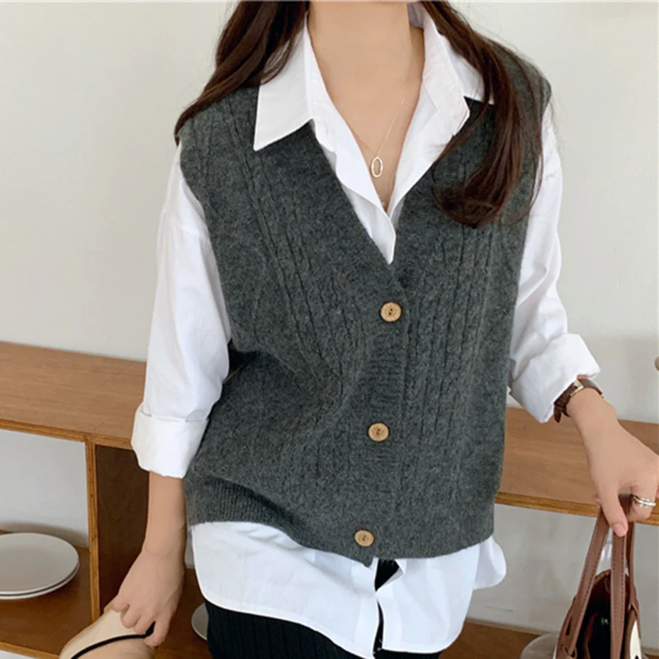 deanwangkt Knitted Cardigans Single-Breasted Sweater Vest Solid Deep V-Neck Sleeveless Women Tank Sweater Casual Waistcoat Outwear - Deanwangkt