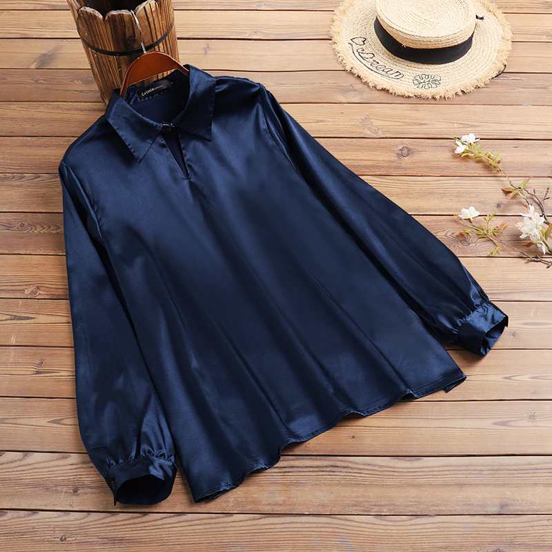 Autumn Elegant Lantern Long Sleeve Satin Blouses Women Casual Office Lapel Shirts  Fashion Hollow Neckline Tunic Tops - Deanwangkt