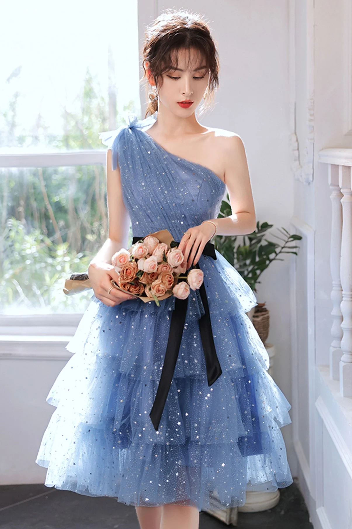 solvbao Blue Tulle Short Prom Dresses, One Shoulder Evening Dresses - Deanwangkt