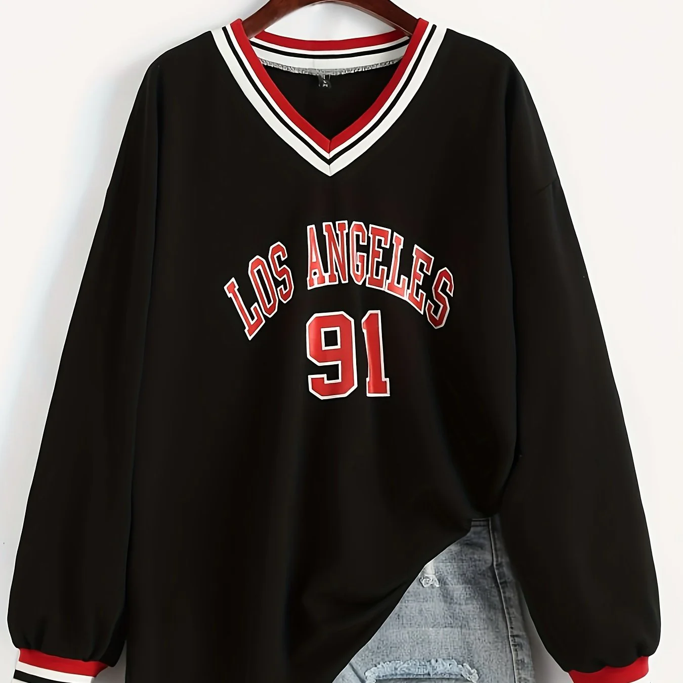 deanwangkt-1  Los Angeles Print V Neck T-Shirt, Casual Long Sleeve Top For Spring & Fall, Women's Clothing - Deanwangkt