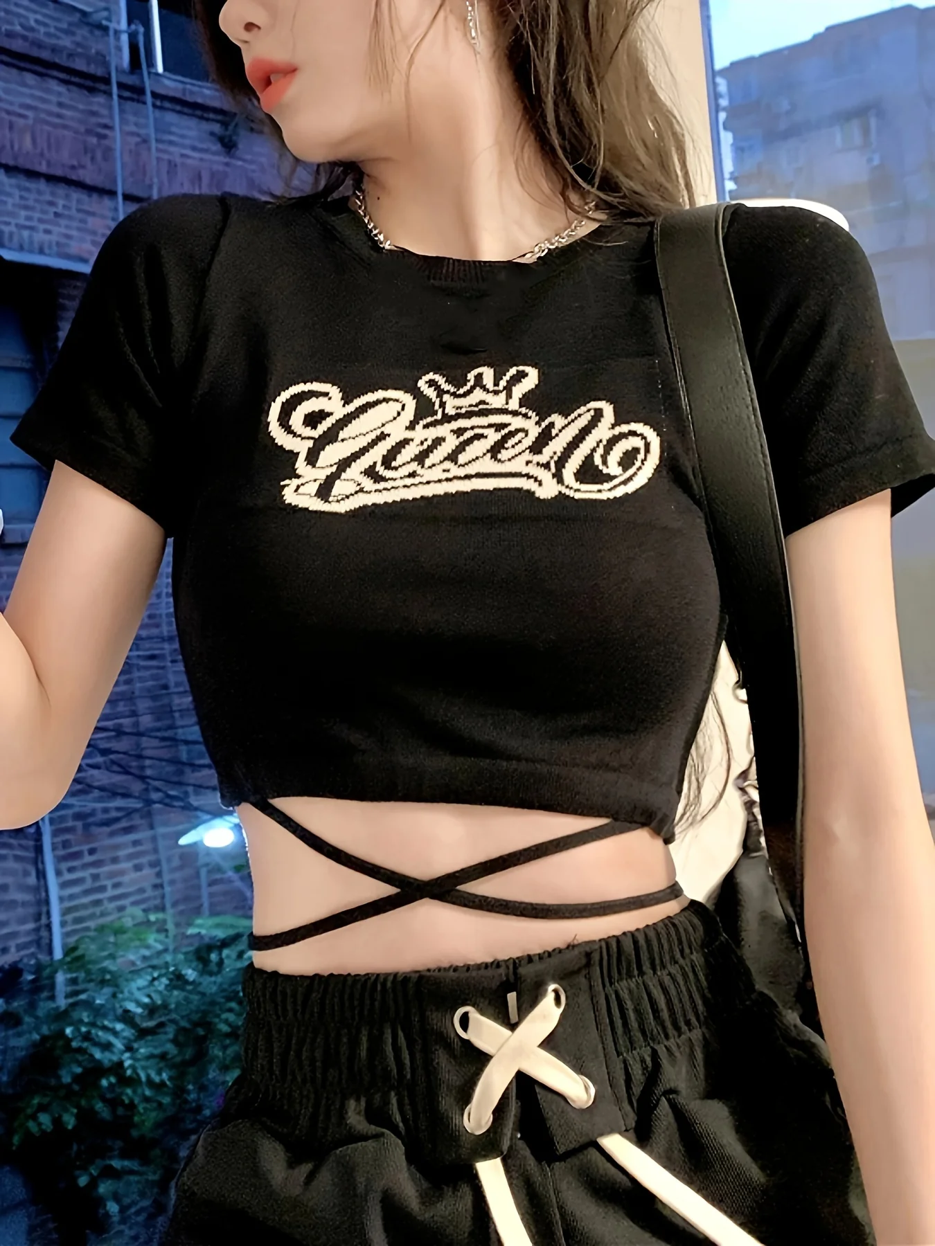 deanwangkt  Letter Print Crew Neck Crop Tee, Y2K Short Sleeve Tied Top For Spring & Summer, Women's Clothing - Deanwangkt