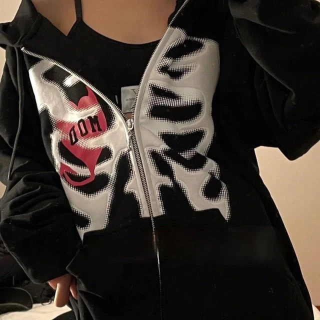 deanwangkt Rhinestone Skeleton Zip Up Oversized Sweatshirts  Summer Goth Hoodies Women Grunge Hooded Jacket Streetwear Retro Clothe - Deanwangkt