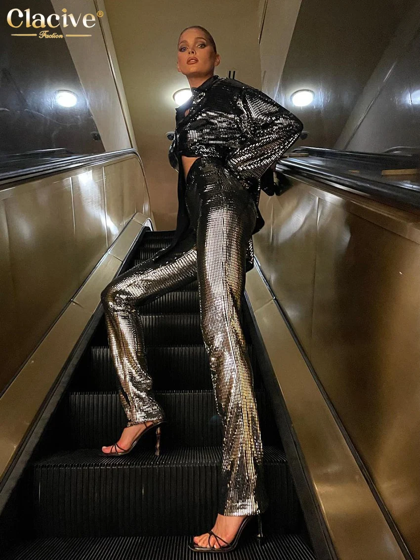 deanwangkt Fashion Loose Sliver Two Piece Sets Womens Outifits Elegant Lapel Long Sleeve Blouse With High Waist Pants Set Party - Deanwangkt