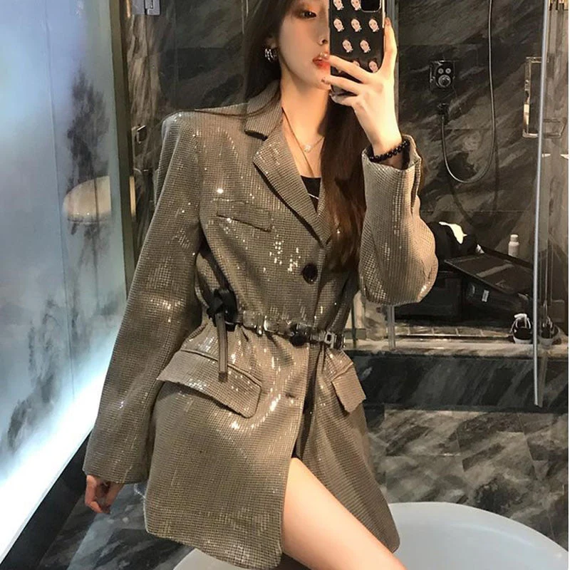 deanwangkt Lucyever Korean Fashion Shiny Sequin Blazer Women Luxury Bling Bling Long Sleeve Jacket Woman Streetwear Temperament Loose Coat - Deanwangkt