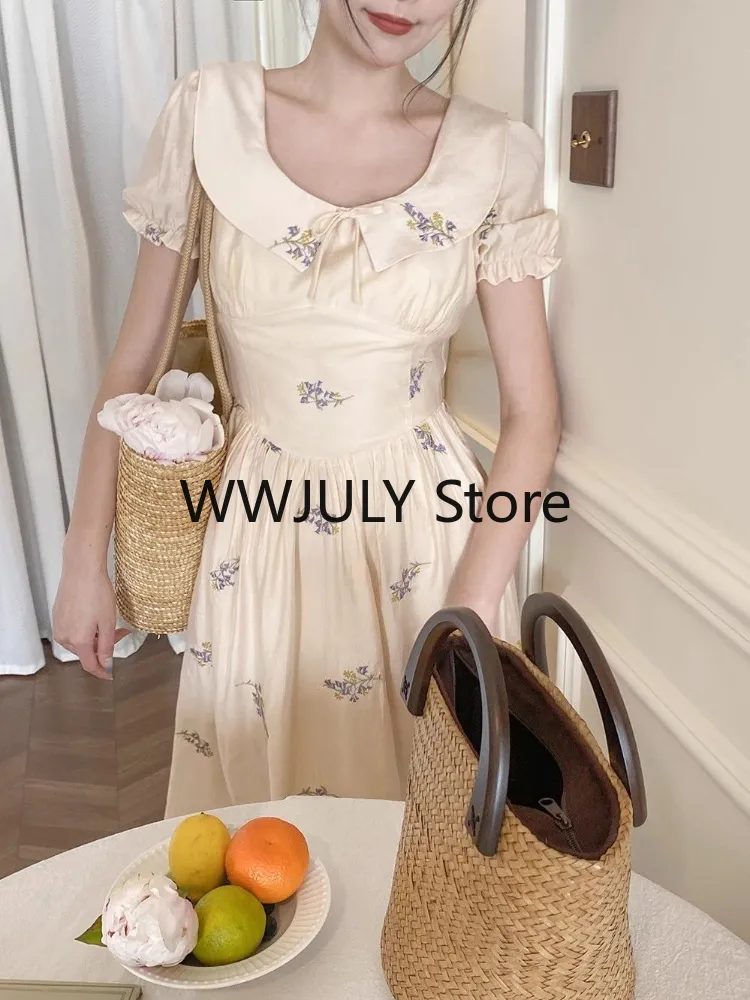 Joskka  Summer French Elegant Floral Midi Dress Women Short Sleeve Casual Vintage Dress Beach Chiffon Korean Fashion Dress Casual - Deanwangkt