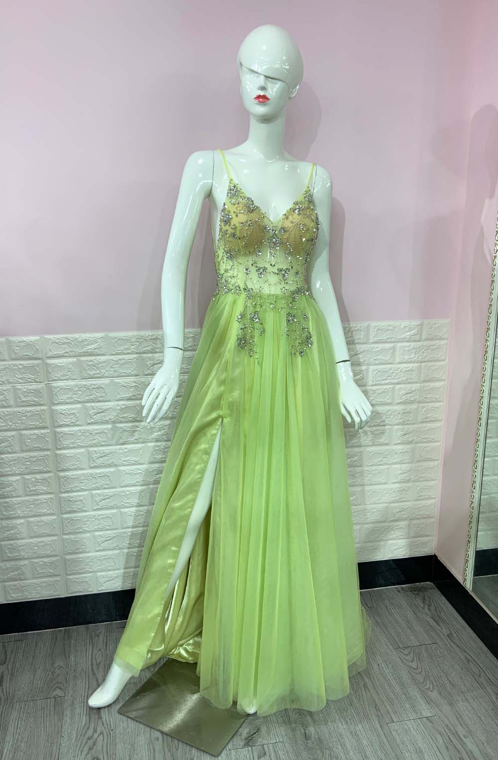 Sweet Dusty Pink Crystal Prom Dresses Long Straps Spaghetti See Through Tulle Evening Gown Slit Right YQLNNE - Deanwangkt