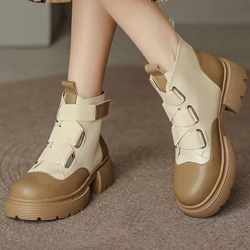 deanwangkt Winter Women Platform Ankle Chelsea Boots New Mid Heels Shoes Chunky Motorcycle Boots Party Designer Gladiator Pumps - Deanwangkt