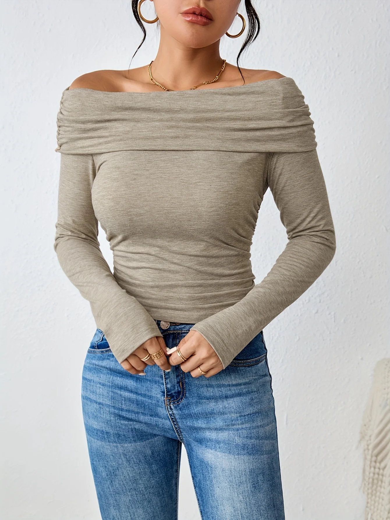 deanwangkt Off Shoulder Solid T-shirt, Elegant Slim Long Sleeve T-shirt, Women's Clothing - Deanwangkt