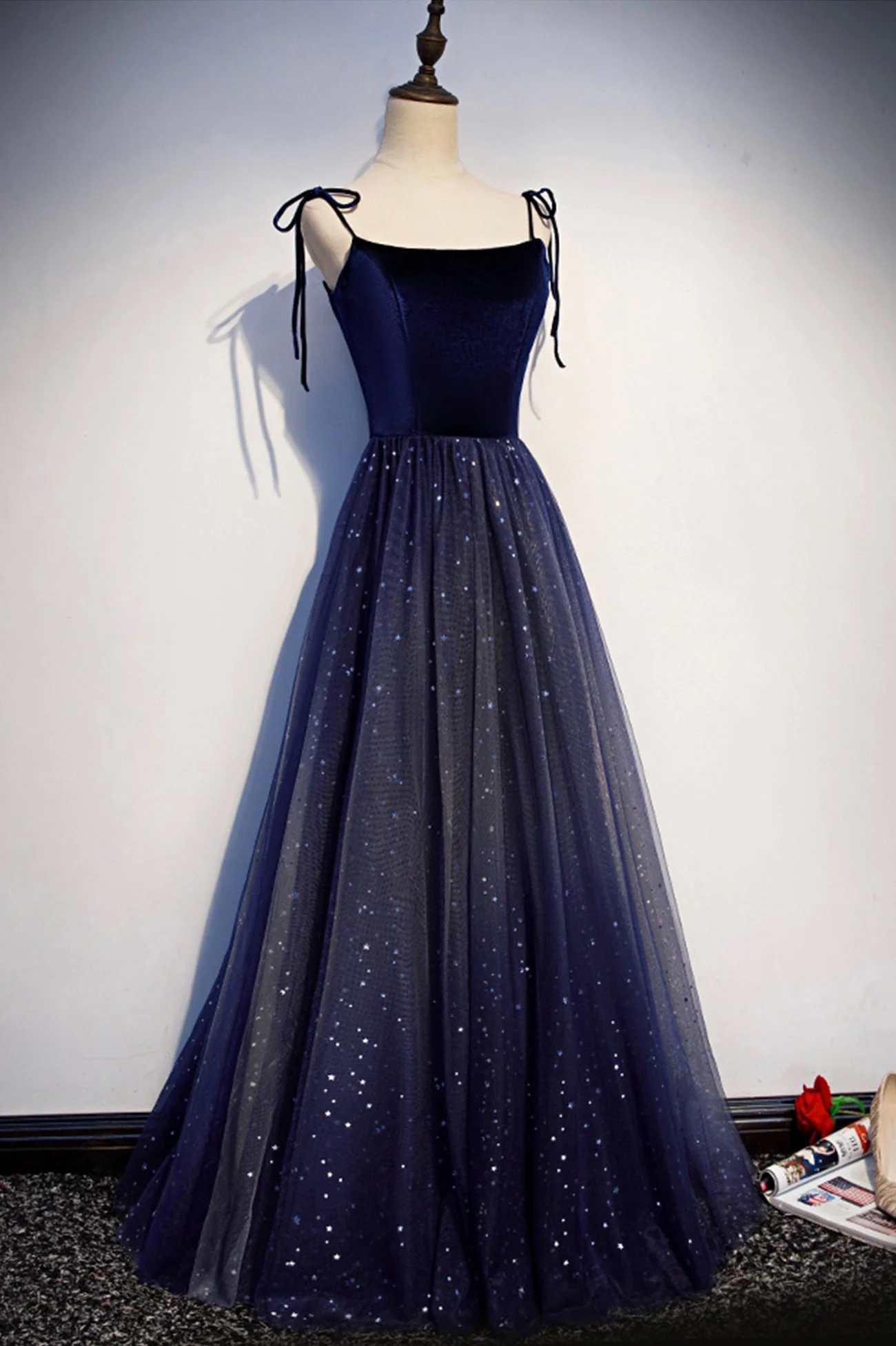 solvbao Blue Velvet Tulle Long Prom Dresses, Lovely A-Line Graduation Dresses - Deanwangkt