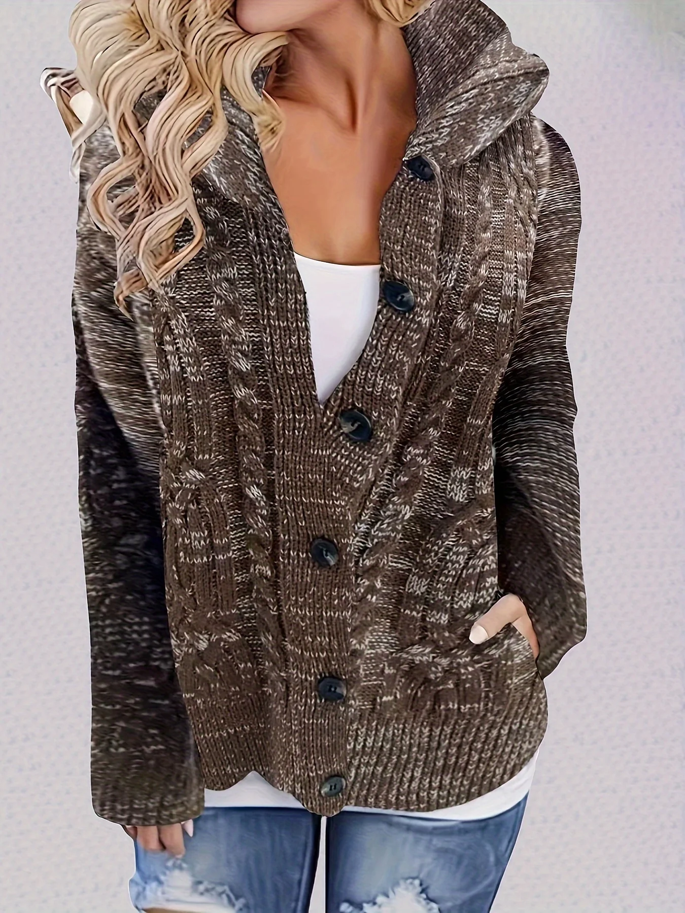 Cable Knit Button Down Hooded Cardigan, Casual Long Sleeve Sweater Coat With Pocket, Women's Clothing - Deanwangkt