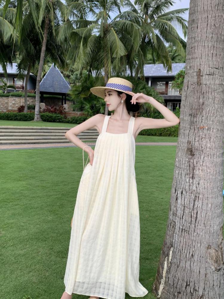 deanwangkt Summer Midi Apricot Slim Square Collar Sleeveless Bandage Slip Dress For Women Elegant Pleated High Waist A-line Party Dresses - Deanwangkt