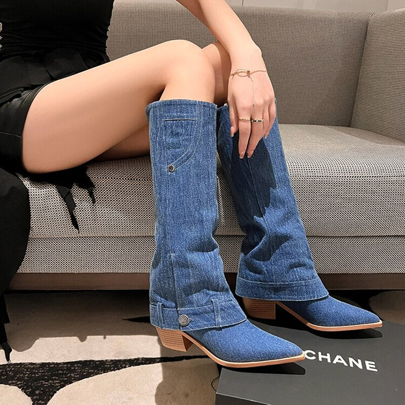 deanwangkt Autumn Boots     Autumn Boots Women Jean Shoes for Women Pointed Toe Chunky Heel Women Boots Fashion Knee-High Boots Retro Long Boots botas mujer - Deanwangkt