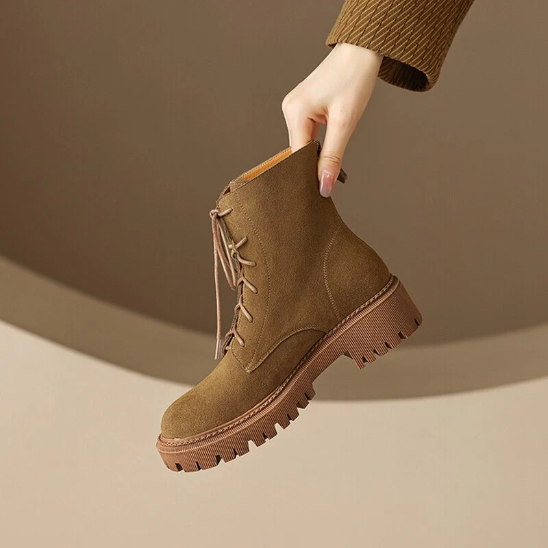 deanwangkt Autumn Boots     Autumn Women Boots Cow Suede Leather Boots Women Round Toe Chunky Heel Boots Winter Short Boots Casual Platform Shoes for Women - Deanwangkt