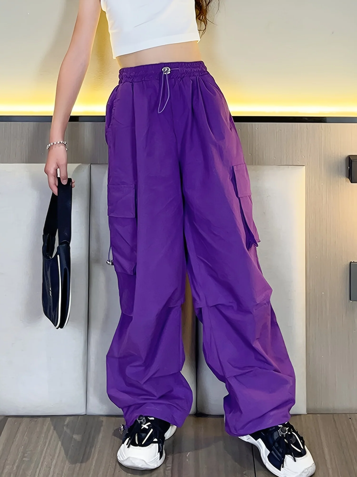 Girls Streetwear Big Pockets Loose Fit High-waisted Cargo Pants - Deanwangkt